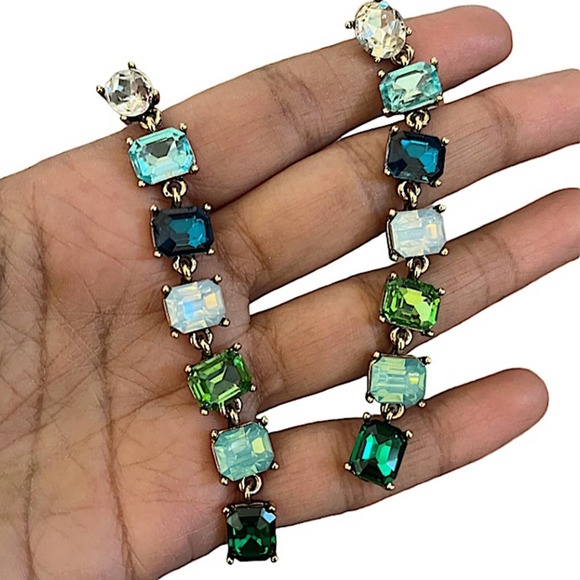 Antique Gold Emerald Cut Crystal Opal Sapphire Aquamarine Tassel Drop Earrings
